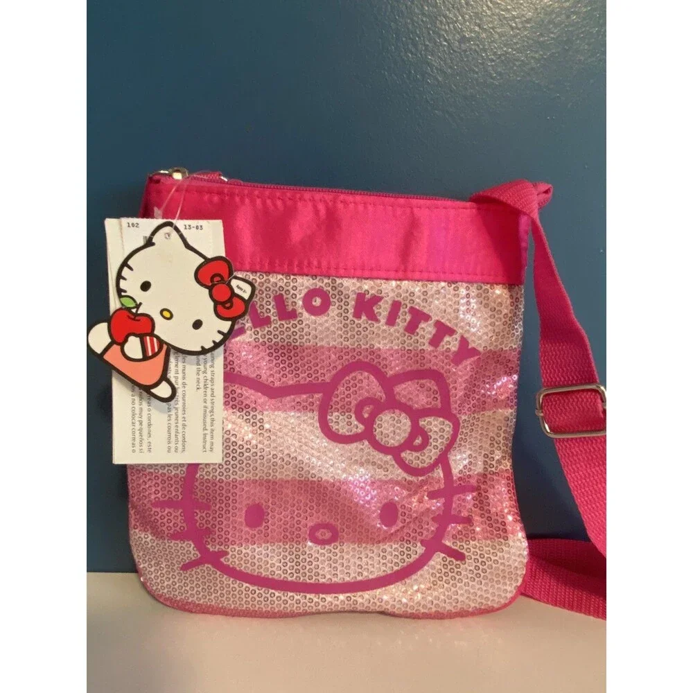 Hello Kitty Pink Stripe Sequined Girl's Crossbody Bag 2012 Adjust Strap NWT 8x8”
